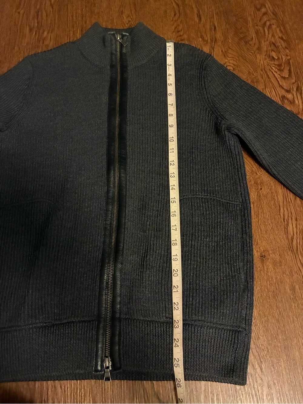 Vince Wool Ribbed Knit Full-Zip Sweater in Dark Gray w/ Leather Details - Size S